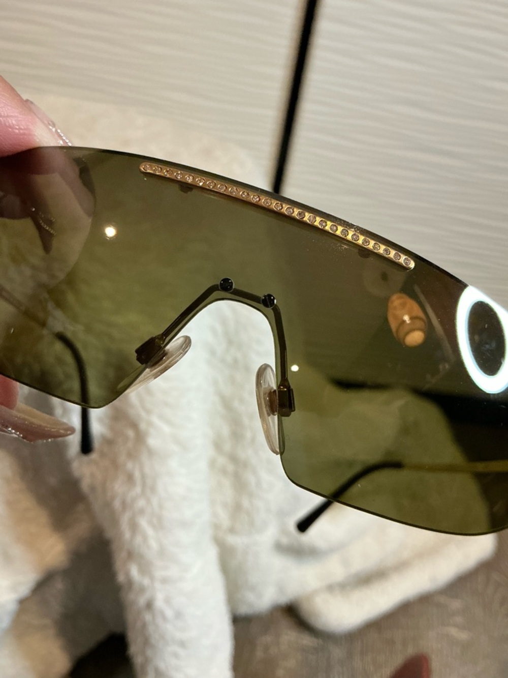 Rimless Shield Sunglasses with Olive Green Lens and Gold Detailing - Picture 4 of 14